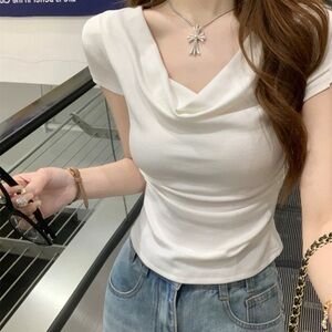 Classic Draped Neck Short Sleeve Top - White